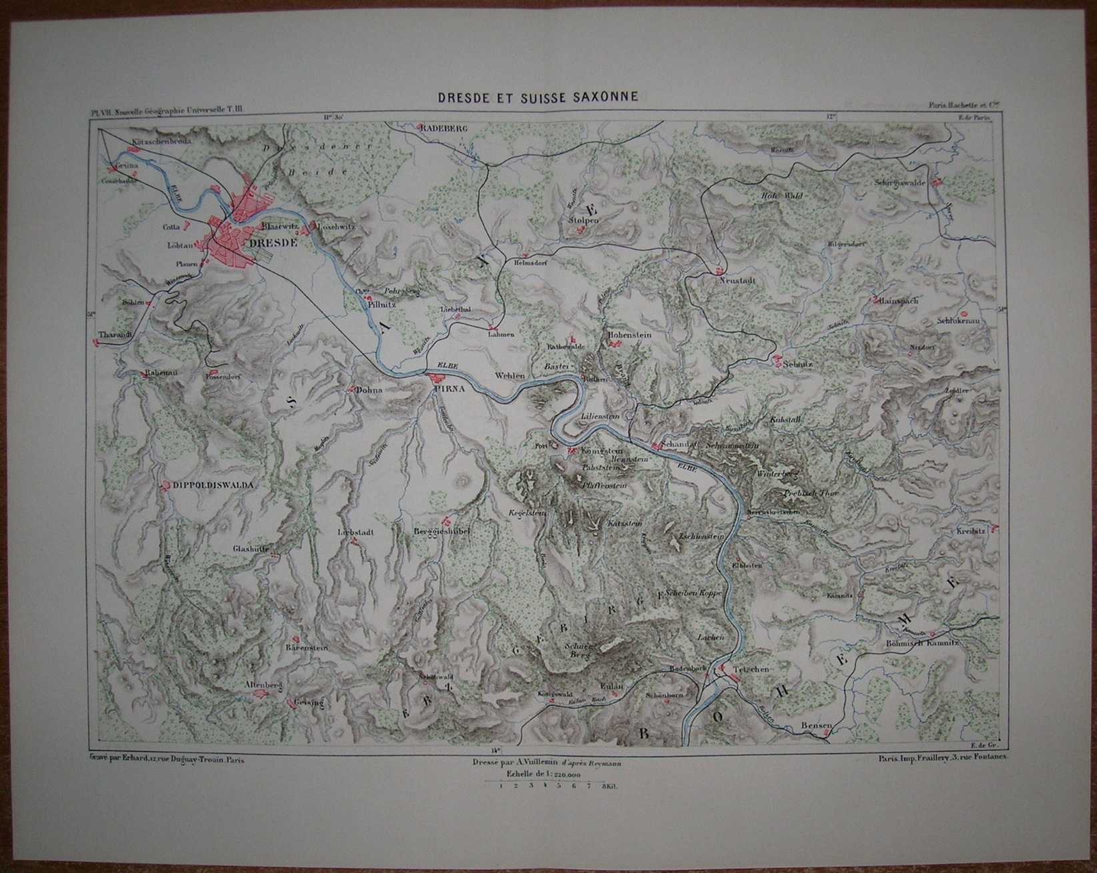 1878 Reclus map DRESDEN AND SAXON SWITZERLAND, GERMANY (#7)