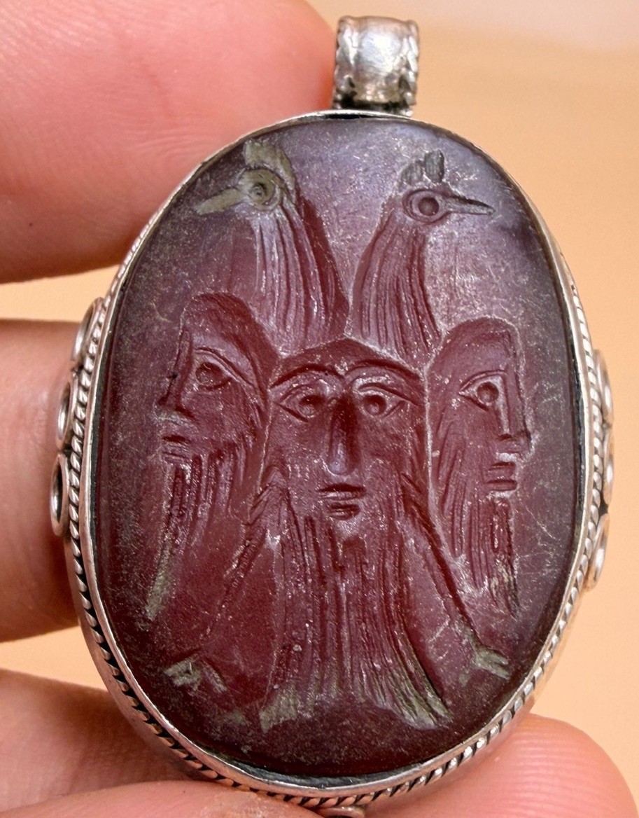 Roman Silver Pendant Ancient Carnelian Intaglio Three King Faces & Birds Amulet
