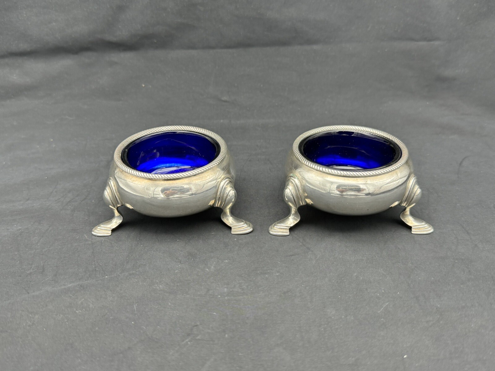 Pair Antique 1734 Sterling London Footed Master Salts, Cobalt Glass Insert