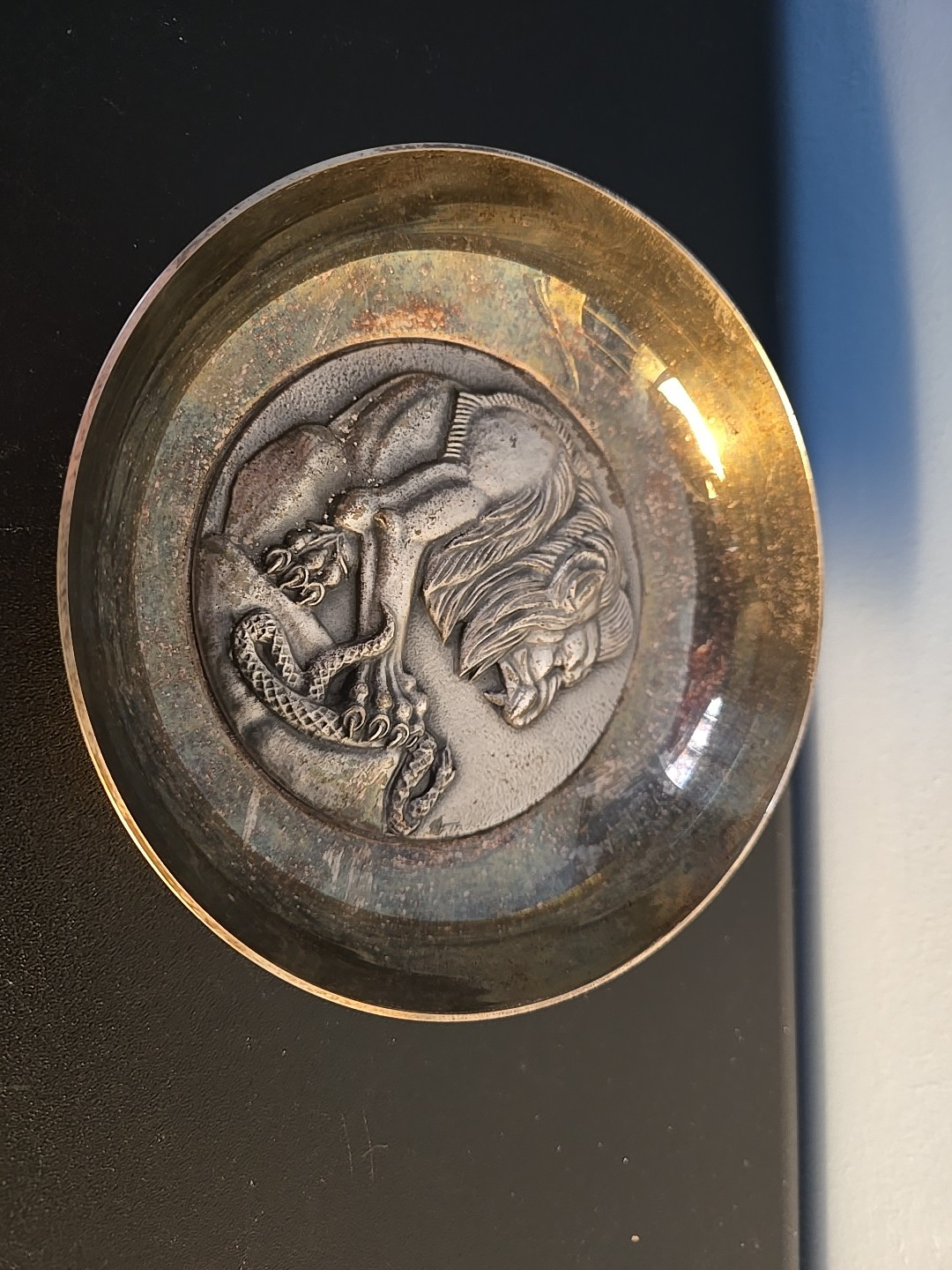 Antique Vintage Bowl Metal Argument Silver Plated French Souvenir Lion Snake Old