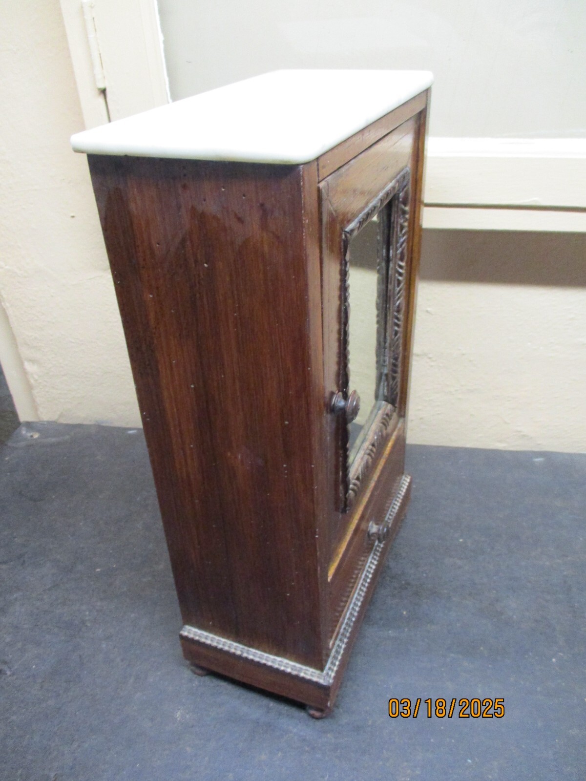 Antique Doll Armoire French With Mirror Door/Drawer/Marble Top