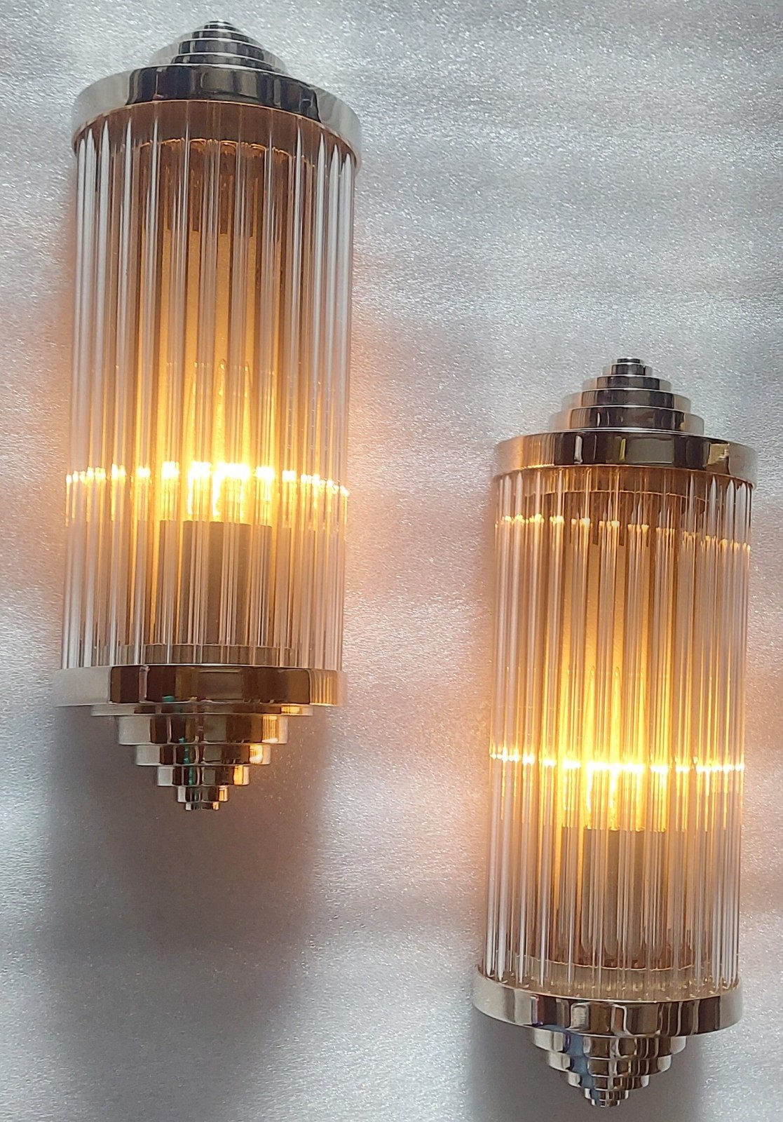 Pair Skyscraper Art Deco Vintage Wall Sconces Nickel Brass Glass Rod Ship Light