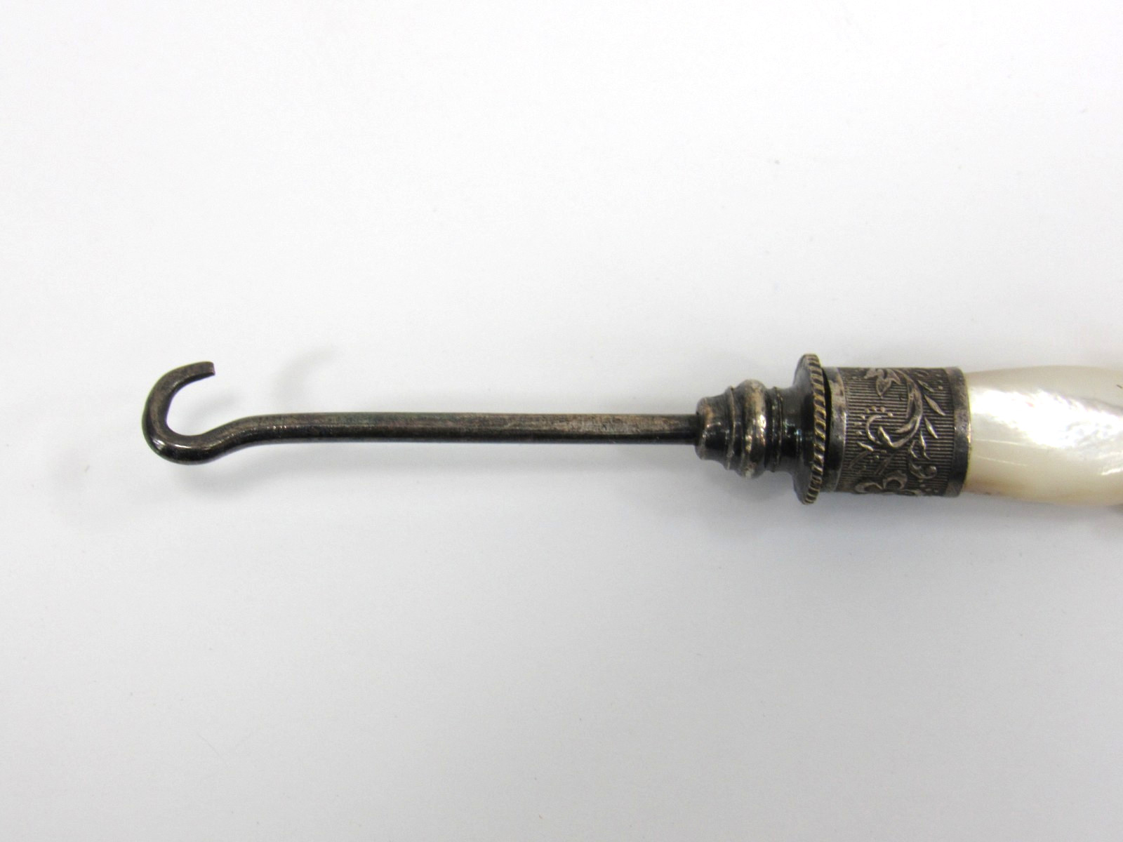 Antique Victorian Button Hook Glove Hook Silver w/ Carved Mother of Pearl Handle