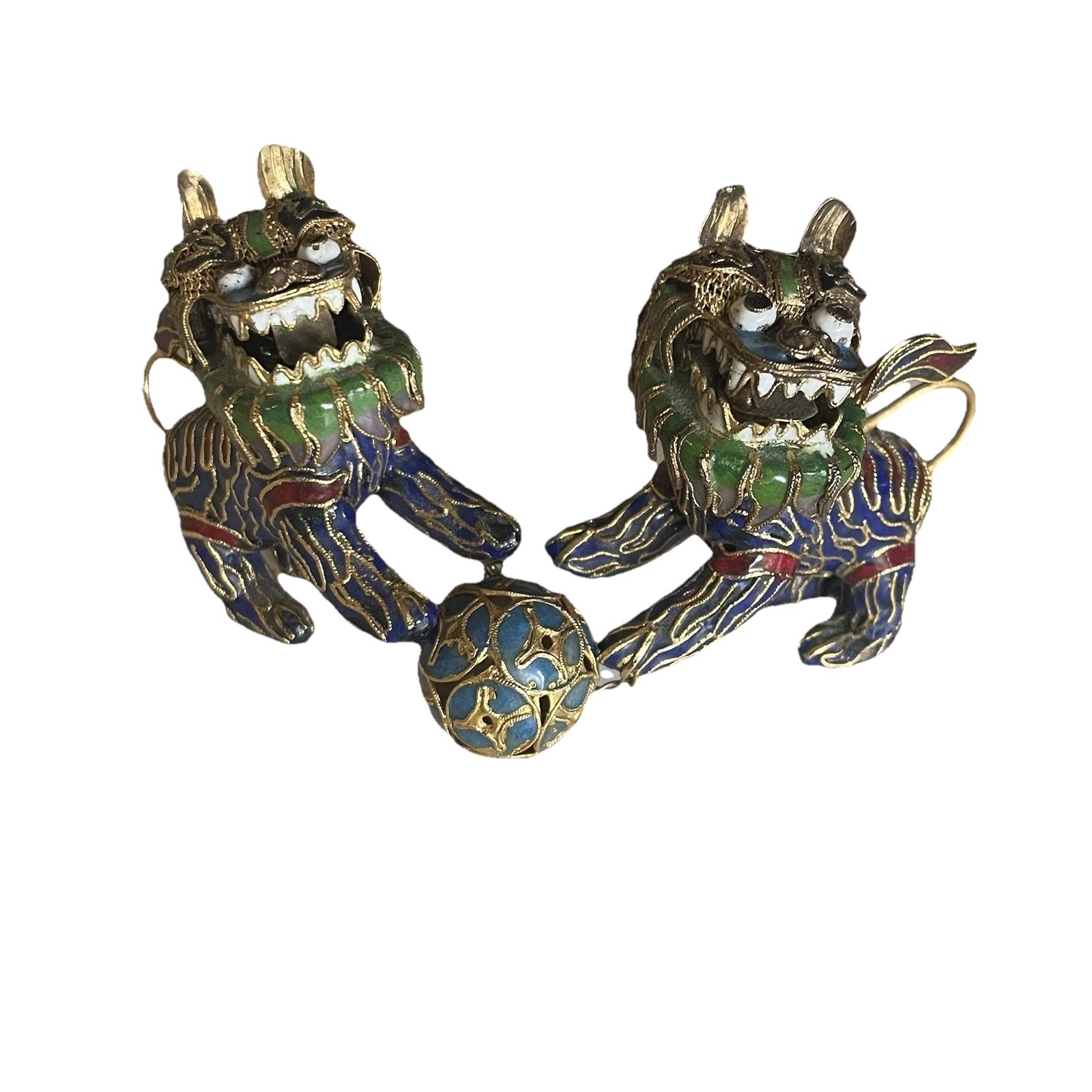 Antique Chinese Cloisonné Foo Dog Lion Wire Mesh Enamel Articulating Heads Pair