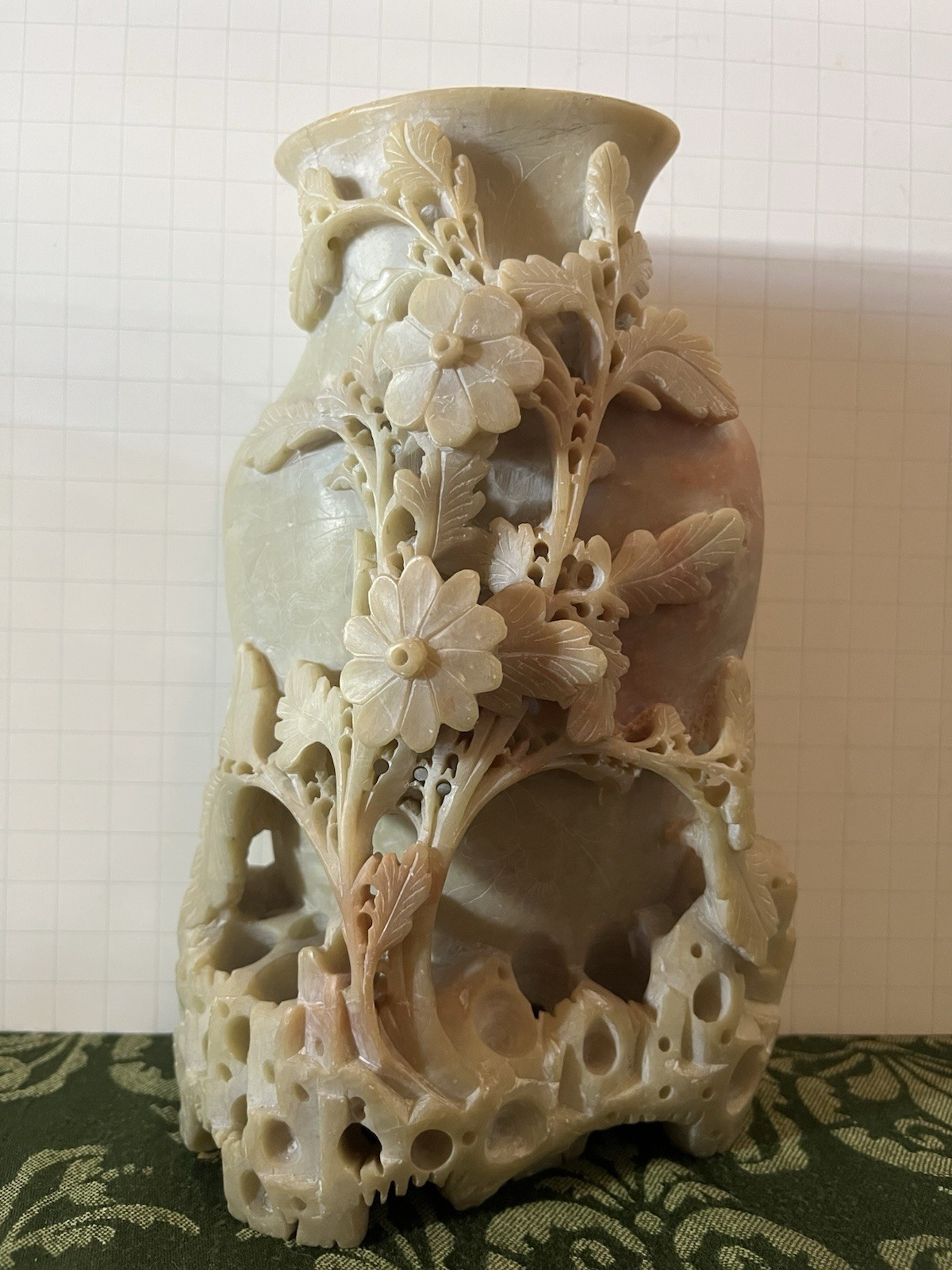 Vintage MCM Hand Carved Flower Vase Soapstone Ornate Carving Celadon Green