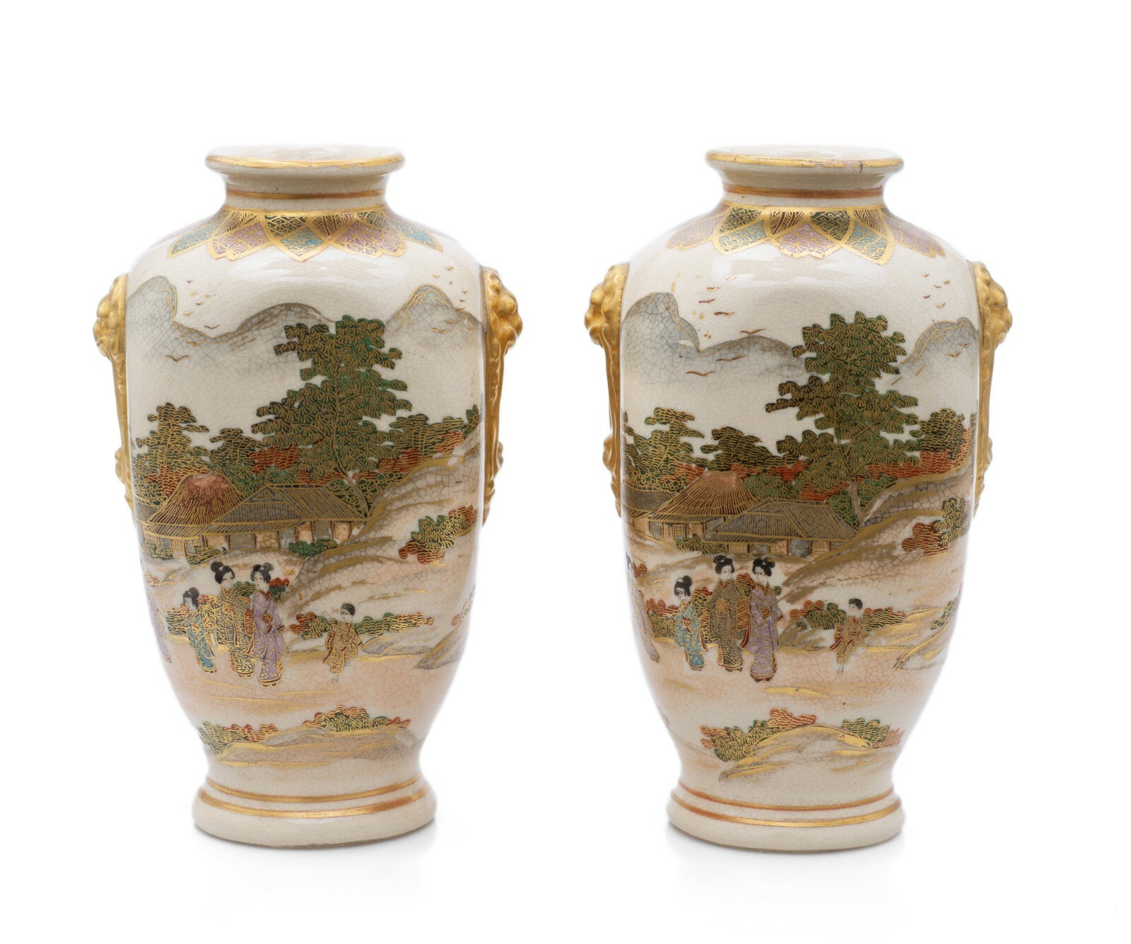 Pair Antique Japanese Satsuma Pottery Vases Meiji Period Signed Hakusan Kyoto