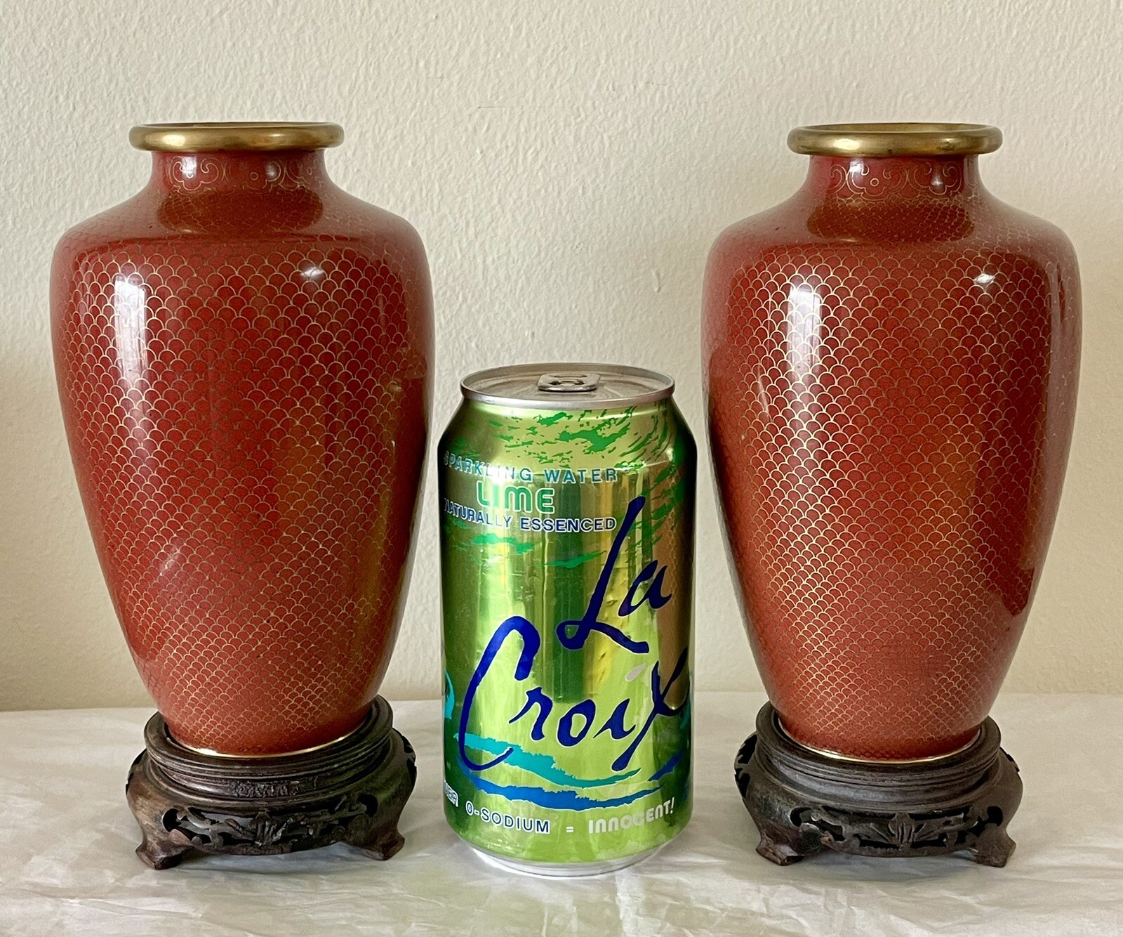 A Pair Of 6.25 Inches Chinese Cloisonne Red Monochrome Fish Scale Vases