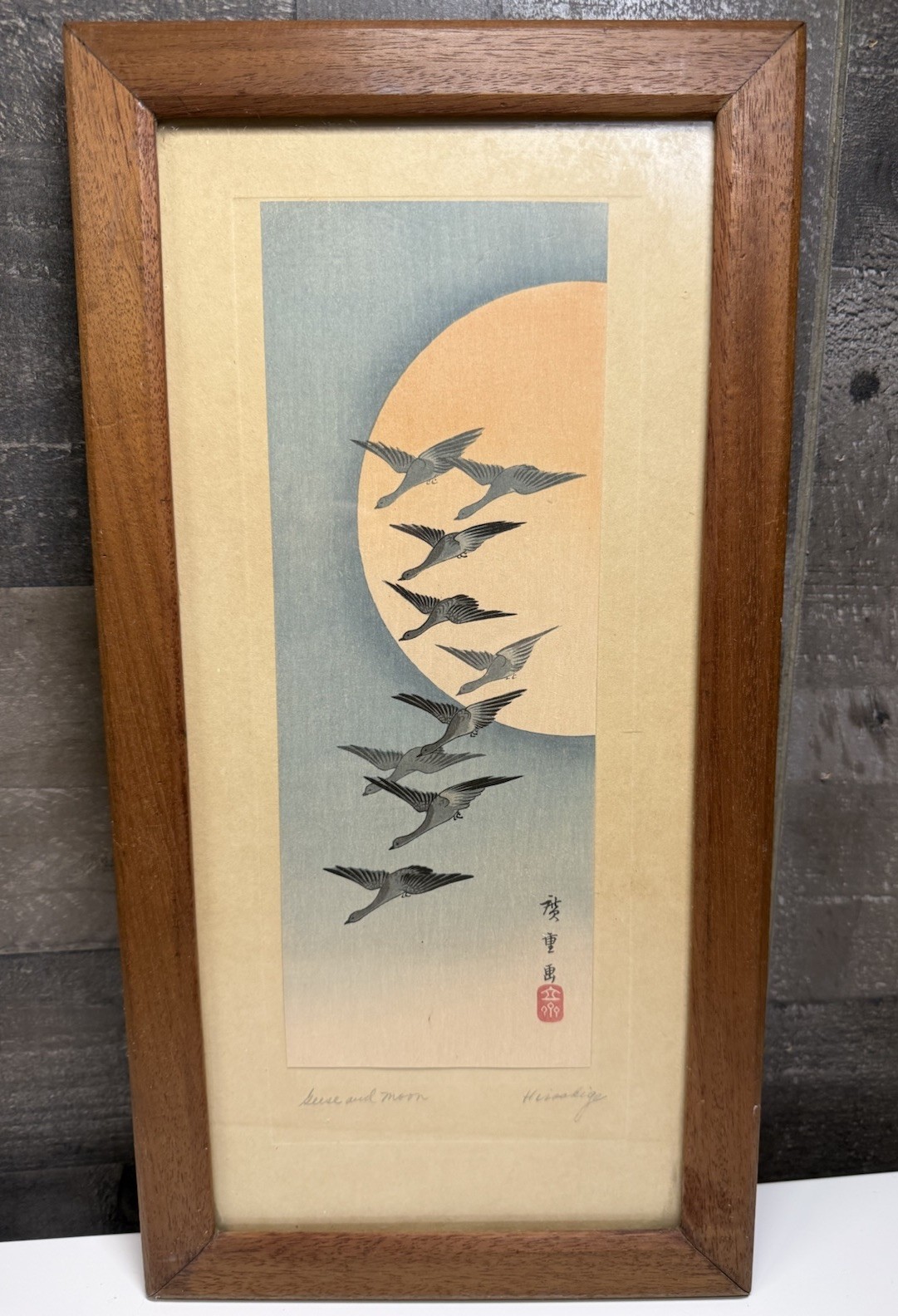UTAGAWA HIROSHIGE Woodblock Print MOON WILD GEESE UKIYOE STRIP Antique Framed