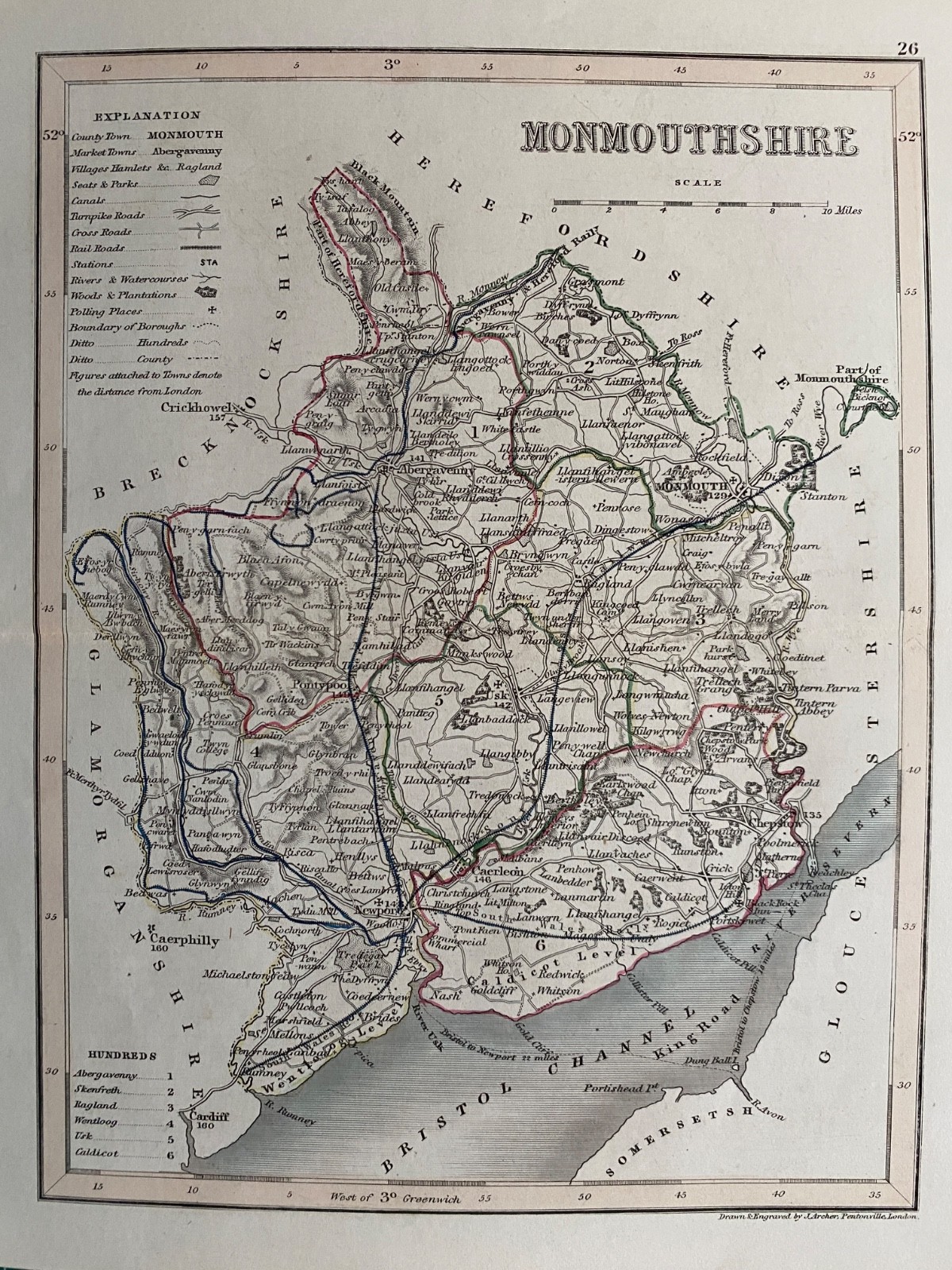 1850 Antique Map; Monmouthshire, Wales by Joshua Archer