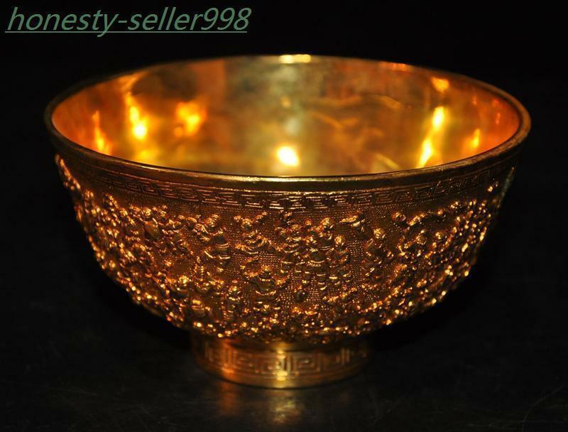 5.4″Marked China Ancient bronze 24k gold Gilt ancients statue Tea cup Bowl Bowls