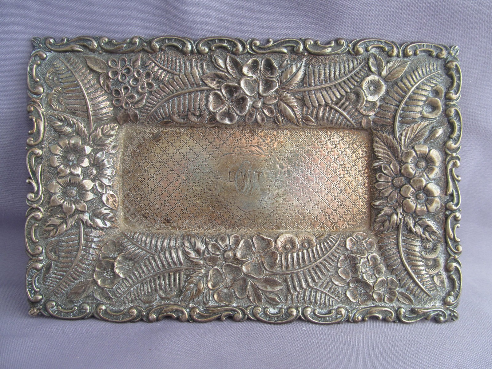 ANTIQUE STERLING JACOBI AND JENKINS 67 REPOUSSE FLOWER RECTANGLE TRAY DISH
