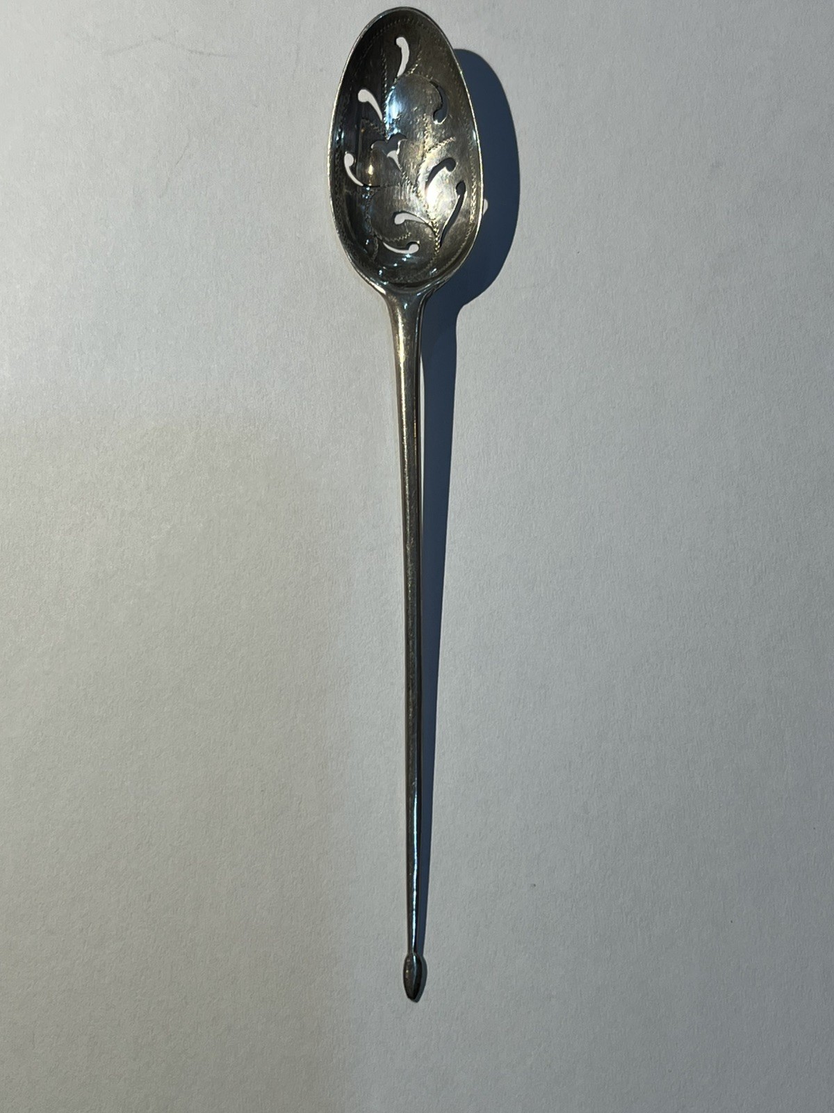 Antique 18thC Solid Silver Mote Spoon Pierced Decoration 14 cm Long Bright Cut