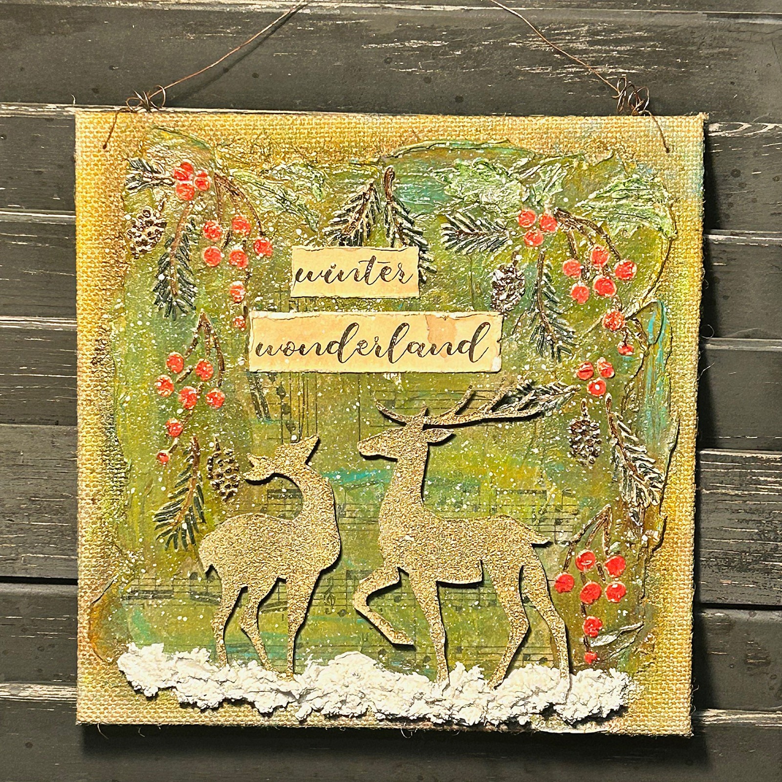 Primitive Handmade Winter Wonderland Mixed Media 8×8″ Canvas OOAK