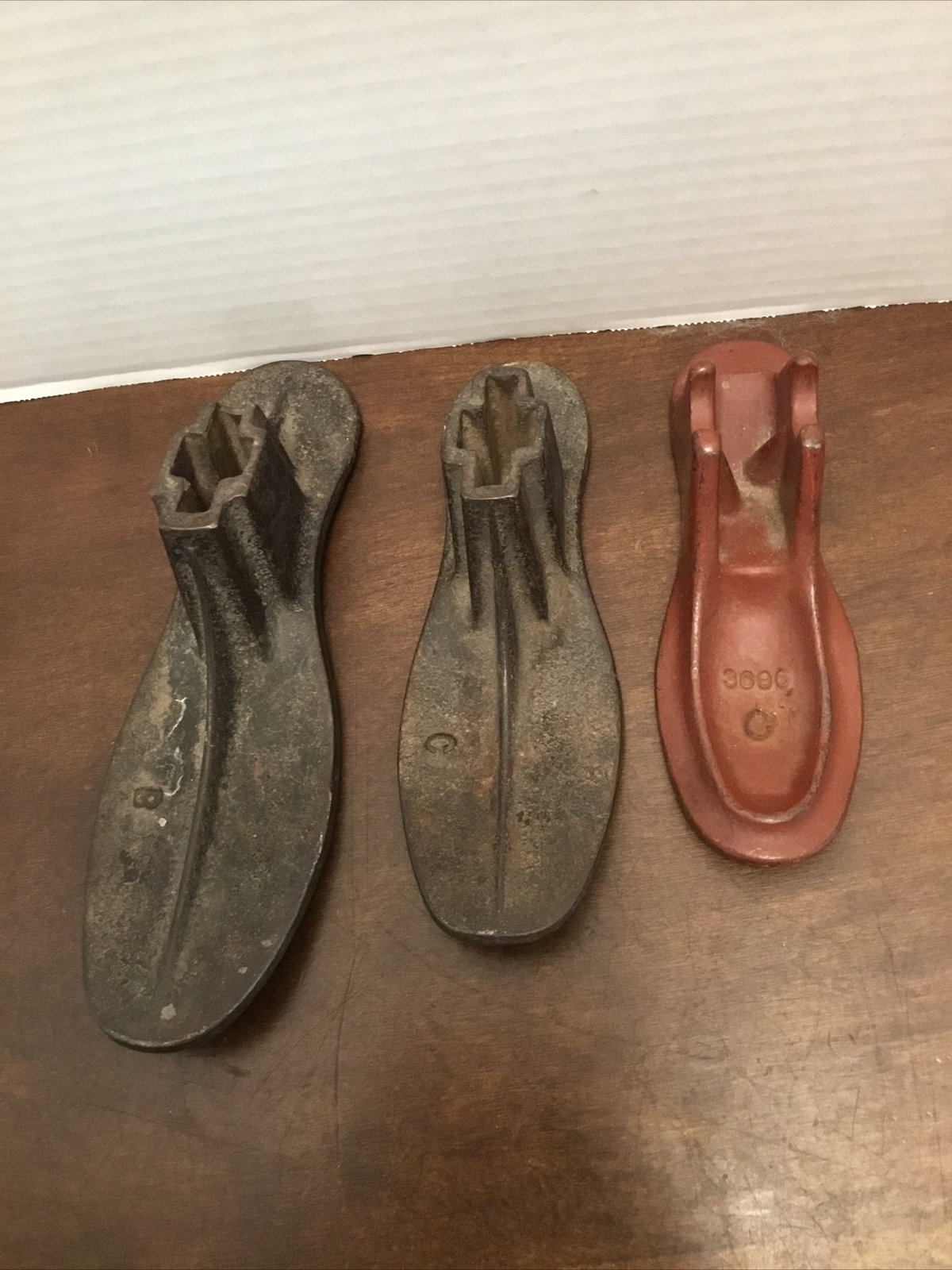 Child’s Shoe Cobbler Molds Cast Iron Forms Lot Of 3 B-9” C-7.75” C-3696-6-7/8”