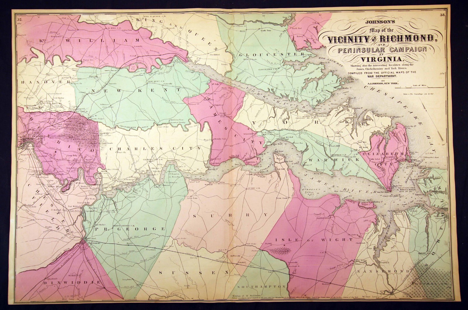 1862 Johnson’s Map Vicinity of Richmond Peninsular Campaign Virginia Civil War