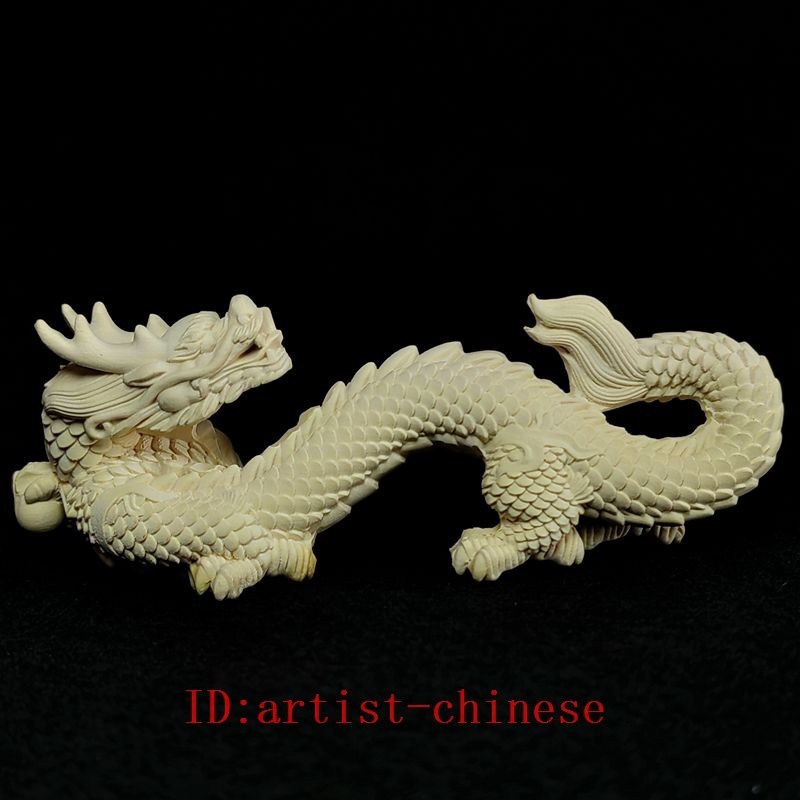 4Inch Chinese Boxwood Hand Carved Dragon Loong Statue Desk Decoration Collection