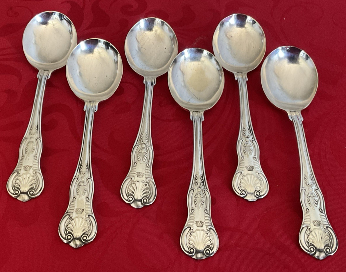 Reed & Barton silverplate Kings 1985 lot of 6 round bowl soup spoons 6 7/8″ EUC