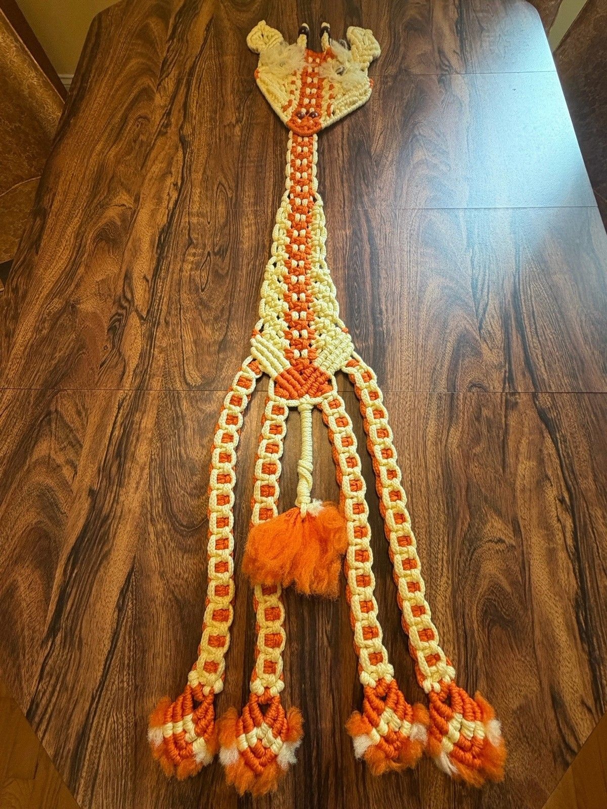 1970s Macrame Giraffe Wall Hanging 52” Long Handmade Kitschy Vintage Decor