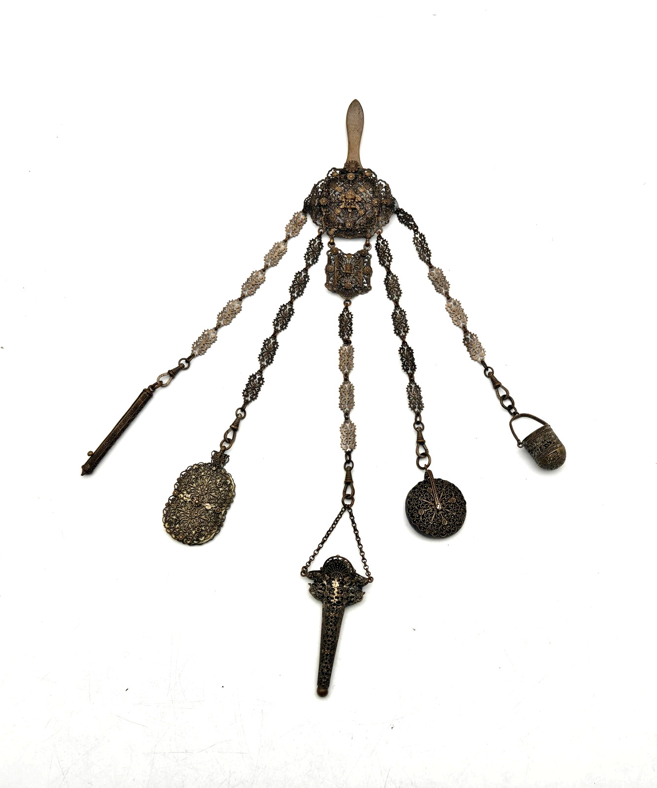 Victorian Antique English Silver Chatelaine & 5 Accessories Charms F2