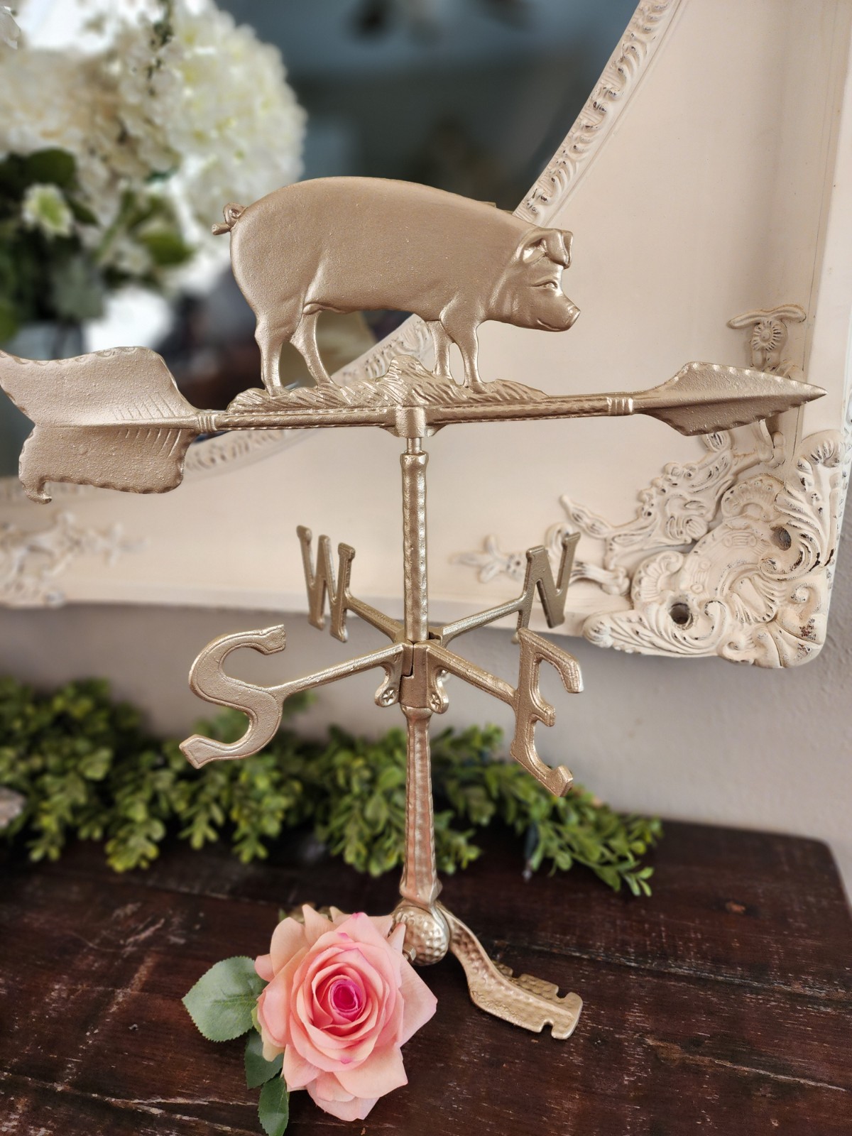 Fancy Vintage Gilt Cast Metal Pig Weather Vane Adjustable Mount Farmhouse Decor