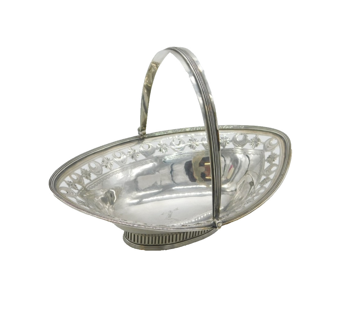 George III Sterling Silver Pierced Crescent Swing-Handle Basket Antique London