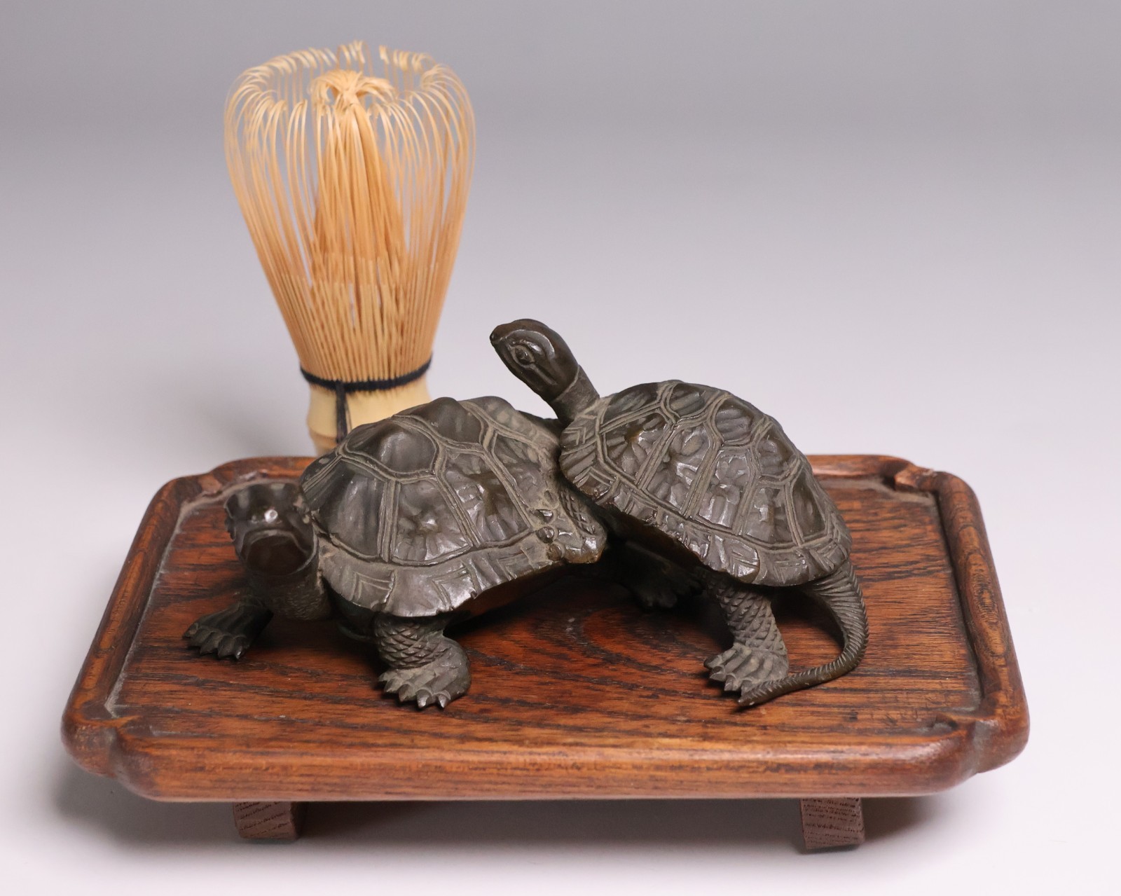 Japanese Bronze Pair of Turtle Statue 4.8inch Kame Figurines W/Base Meiji Era