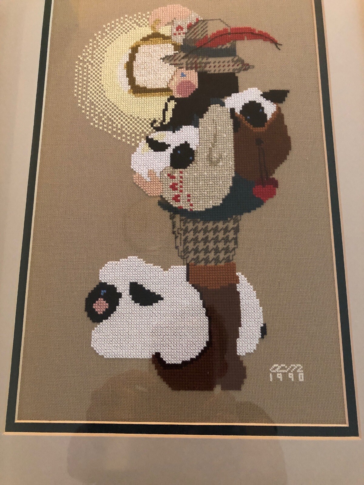 Needlepoint Picture Shepherd Lantern Lambs Sheep Professionally Framed Matted