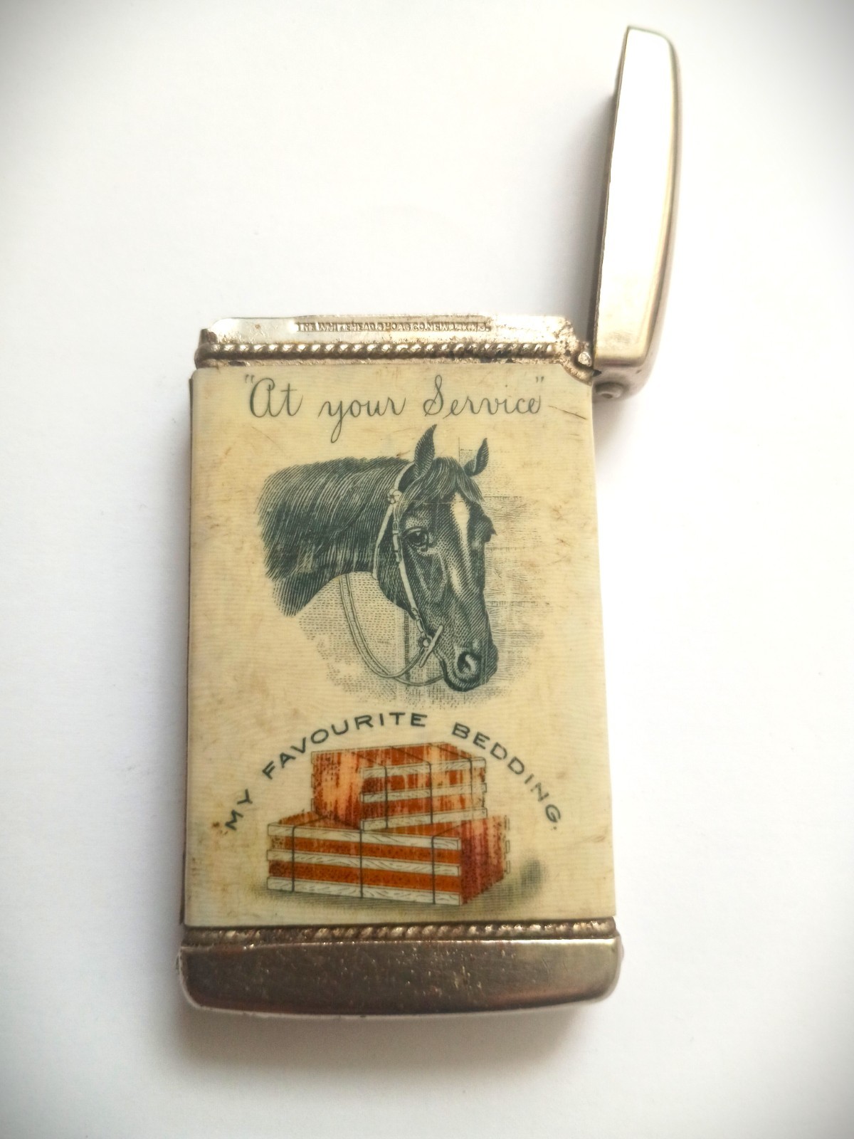ANTIQUE VESTA CASE / MATCHSAFE c1910 CELLULOID ADVERTISING HORSE BEDDING