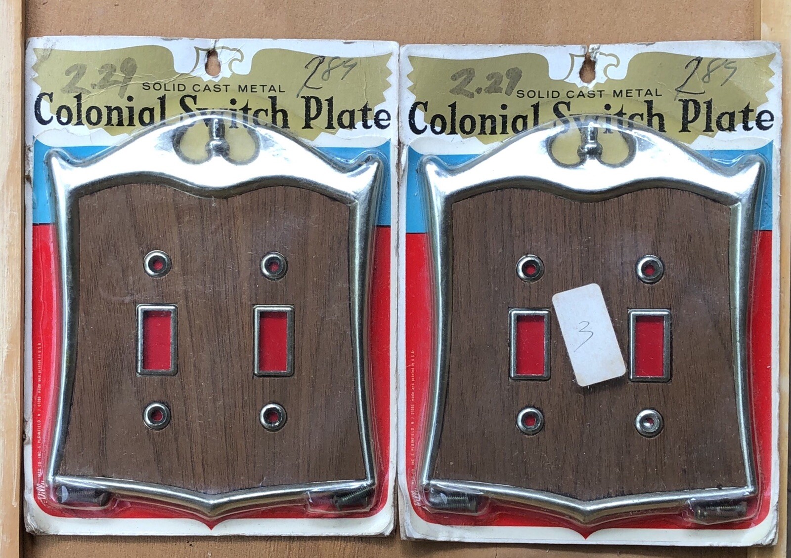 1 Vintage Colonial Silver Metal Double Light Switch Plate Cover Wood Grain Face