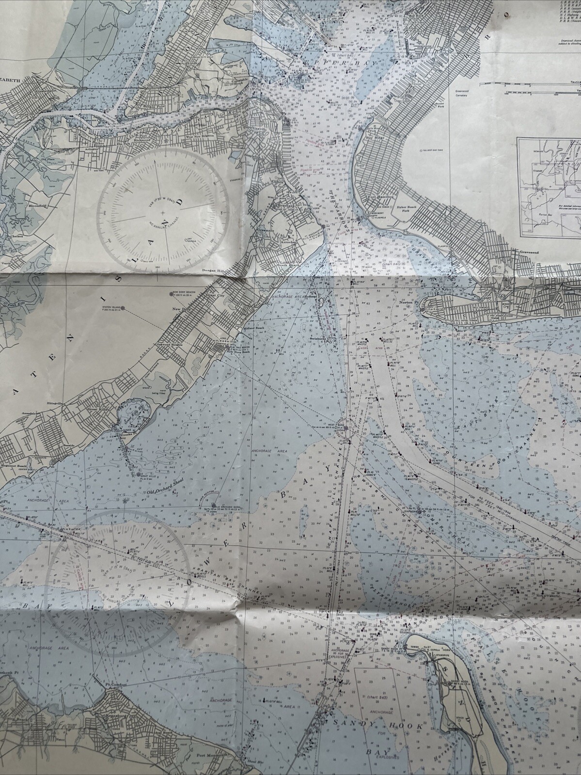 Vintage 46×36 Map NEW YORK HARBOR, Staten Island US Coast Geodetic Survey 1944