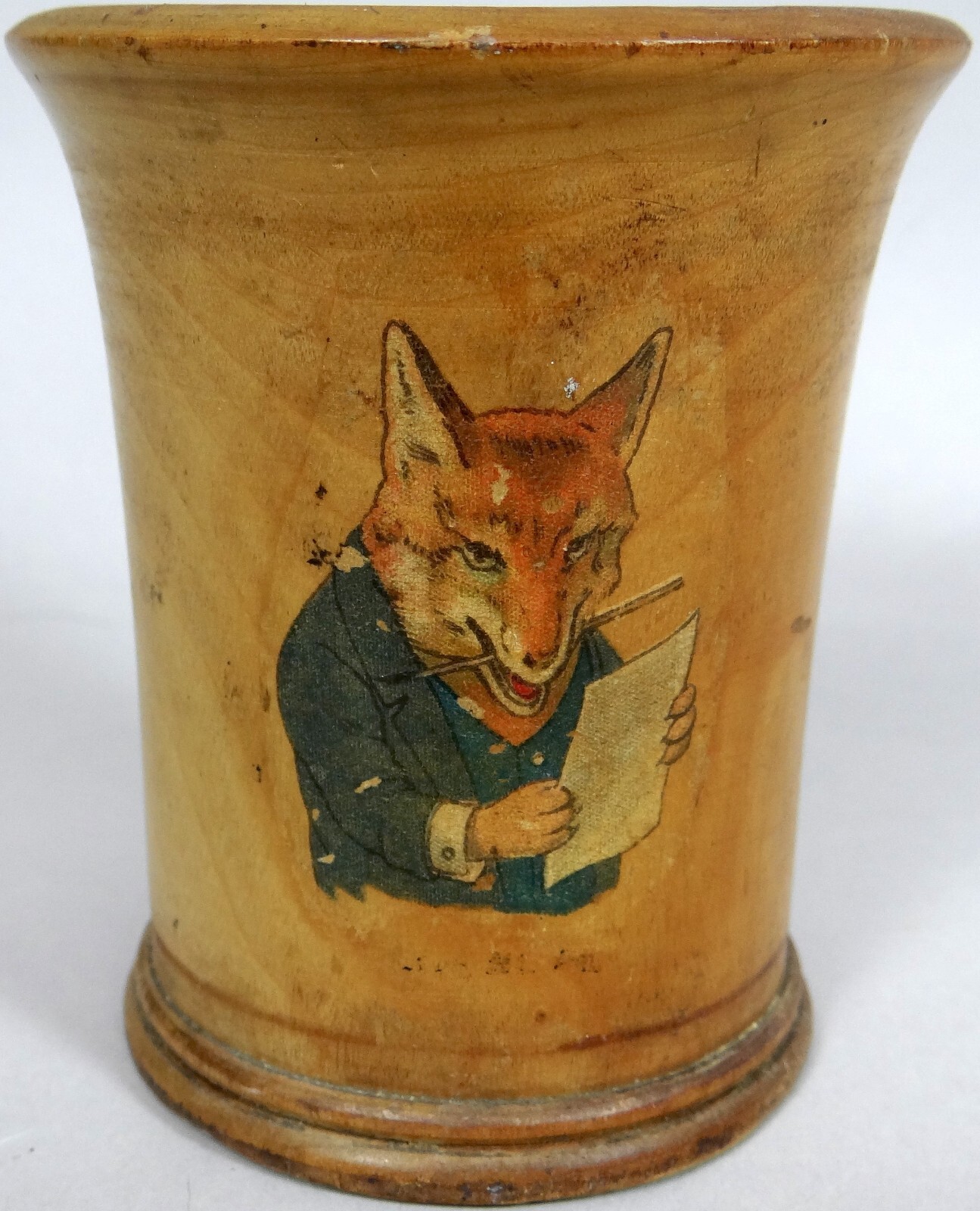 Antique Vtg Turned Wood Treen Cup Tumbler Wooden Fox Decal 1800s Primitive