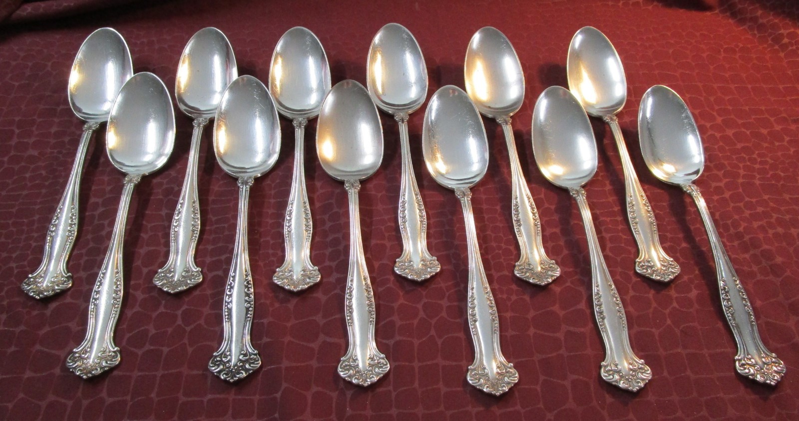 AVON 12 Dessert or Oval Soup Spoons Silverplate 1901 IAH? Monograms bw