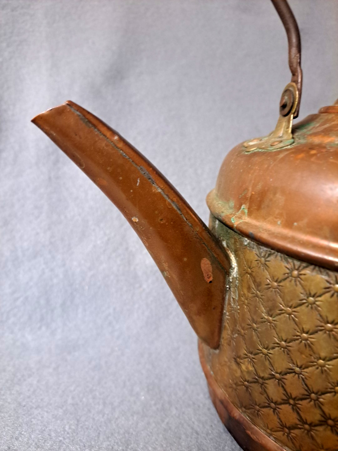 Antique Embossed Copper Kettle with Brass Panel Wood Handle 9” Rustic Teapot