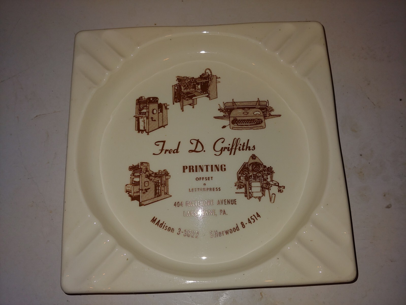 Vintage 50s/60s Fred D. Griffiths Printing Lansdowne,Pennsylvania Promo Ashtray