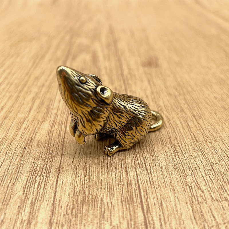Brass Rat Figurine Chinese Zodiac Mouse Statue Mini Animal Desk Decor