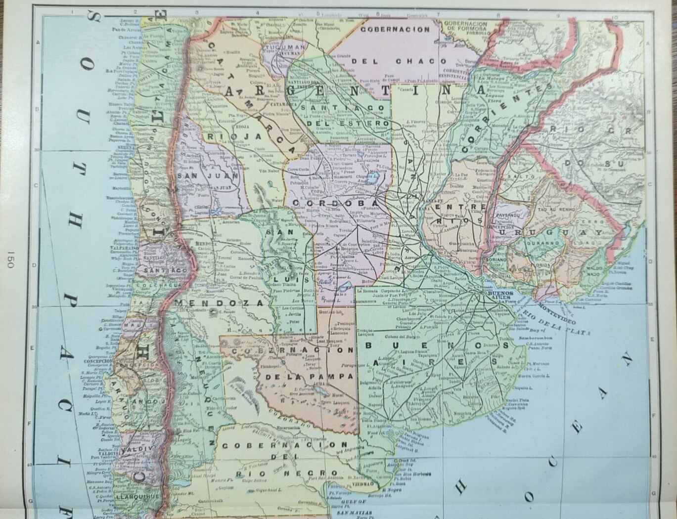 Vintage 1902 ARGENTINA CHILE URUGUAY Map 14″x22″ ~ Old Antique Original SANTIAGO