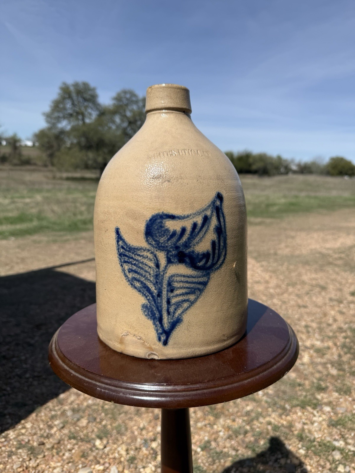 Antique 1880s Whites Utica NY Salt Glaze Stoneware Jug Cobalt Floral Decoration