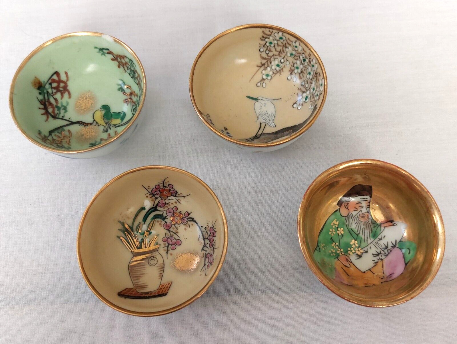 VTG Lot of 4 SAKE CUP Kutani Sake Vessels Bone China Hand painted Made in Japan