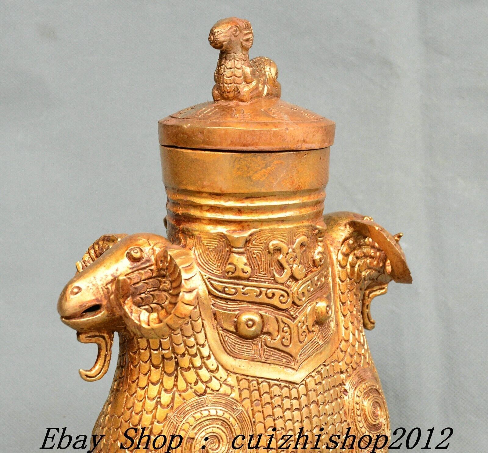 10″ Old Chinese Dynasty Bronze Ware Gold Sheep Goat Beast Head Zun Bottle Vase
