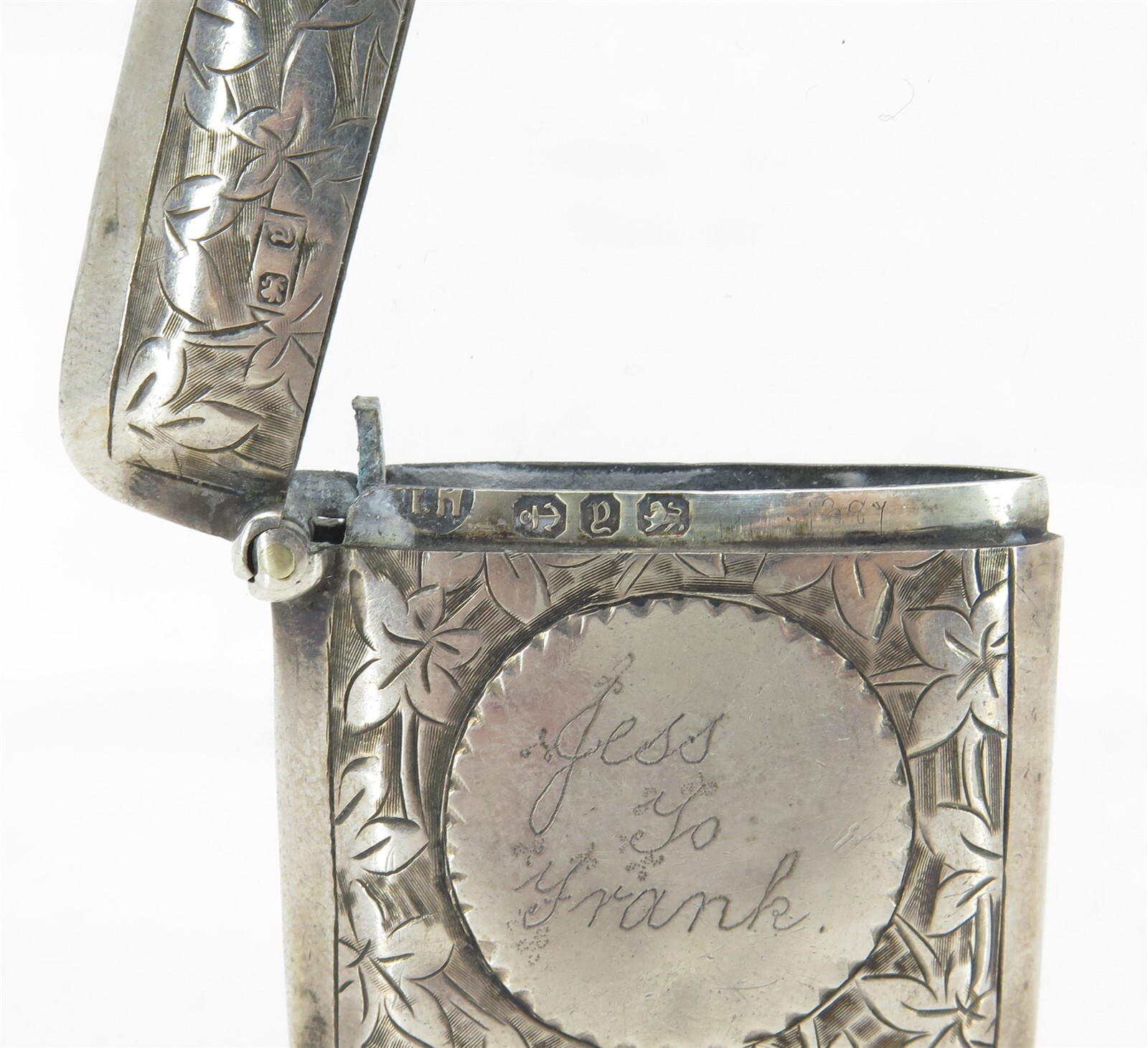 1800s Hallmarked & Engraved English Sterling SIlver Match Safe Vesta Case 2″