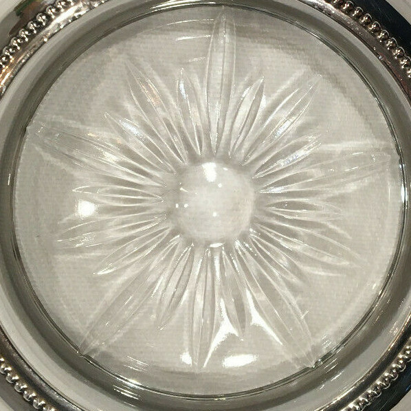 Sterling Silver Rimmed Glass Coaster Beaded Starburst Design Antique B-I