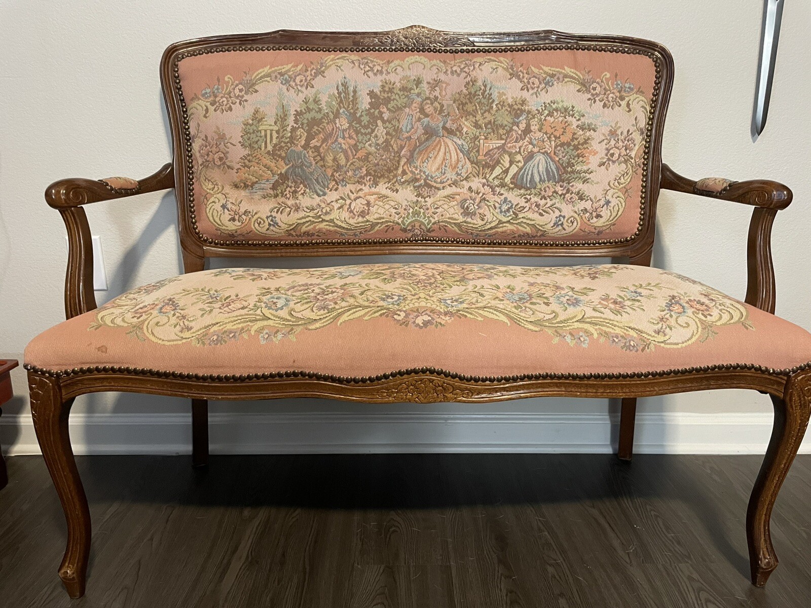 Vintage French Provincial Louis XV Style Chateau d’Ax Tapestry Settee Loveseat
