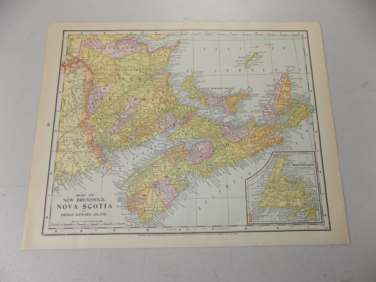 1899 Matthews-Northrup Map of NEW BRUNSWICK, NOVA SCOTIA, P.E.I. b/w QUEBEC