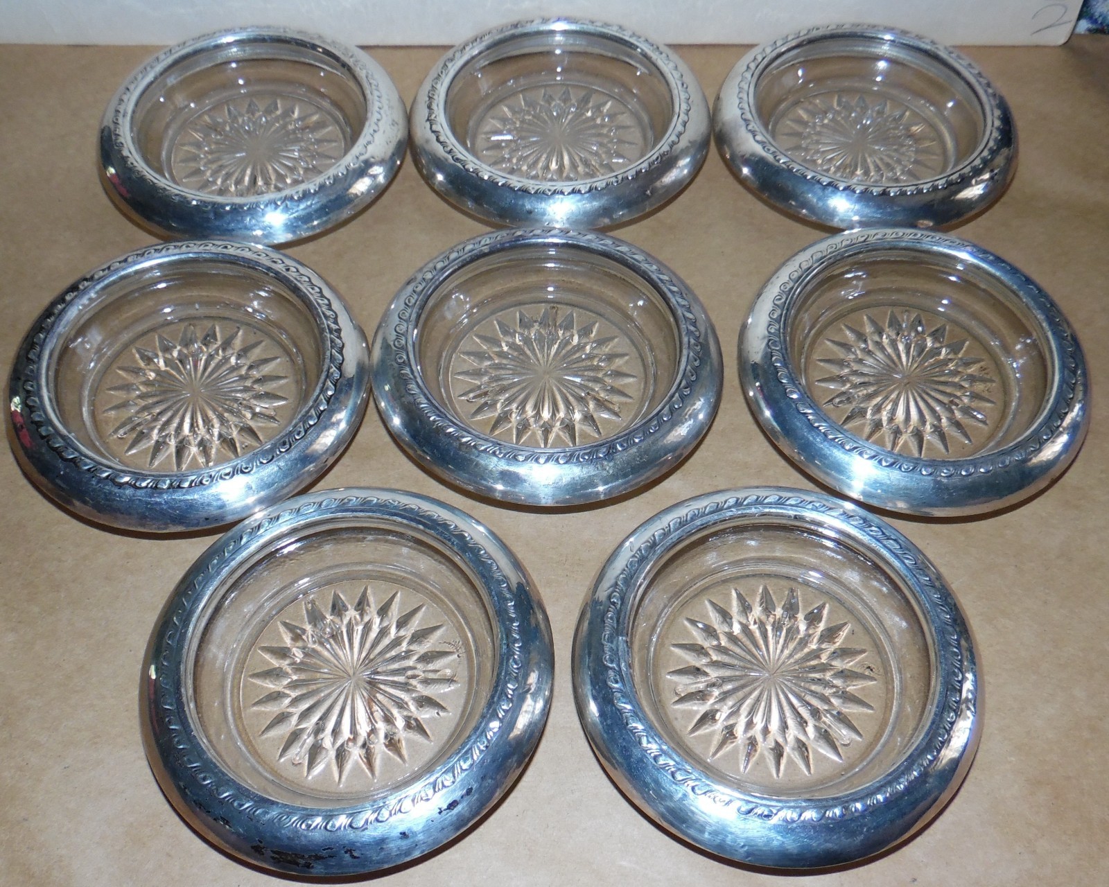 Sterling Silver Rimmed Glass Coaster 4in Vintage Sunburst Design X8 VINTAGE SET