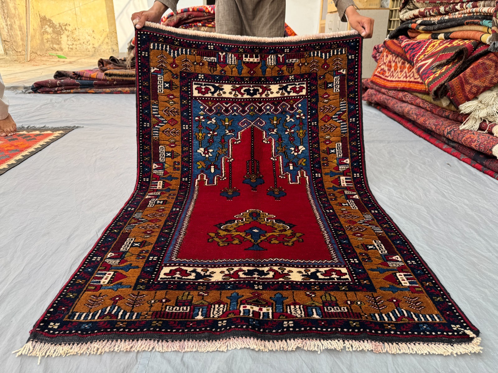 3×4’5 ft Vintage Turkish Hand-Knotted Prayer Rug Red and Mustard Gold Decor Rug