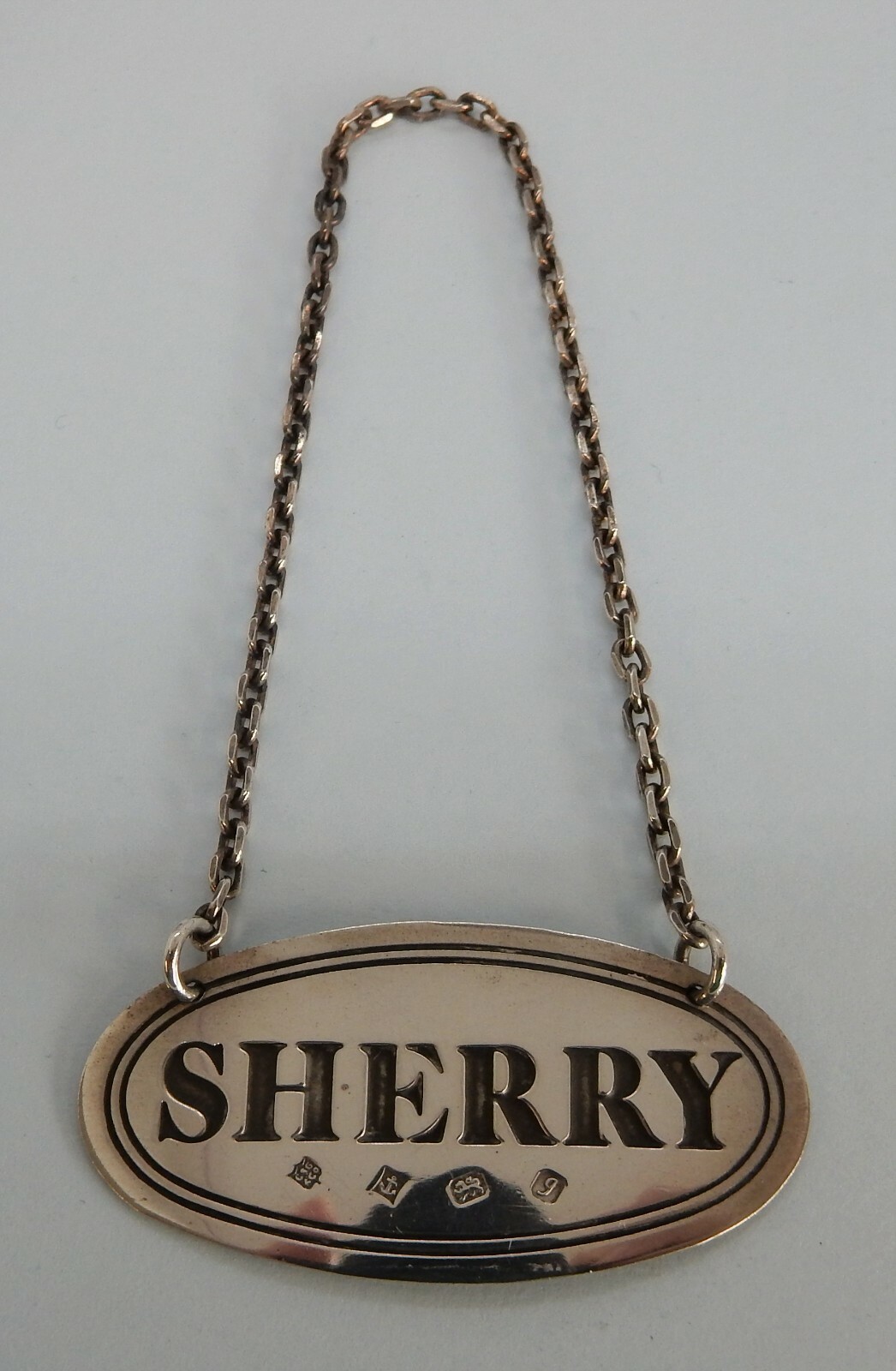 BOXED Oval SOLID Silver ‘SHERRY’ Wine LABEL Birmingham 1983 Charles S Green & Co