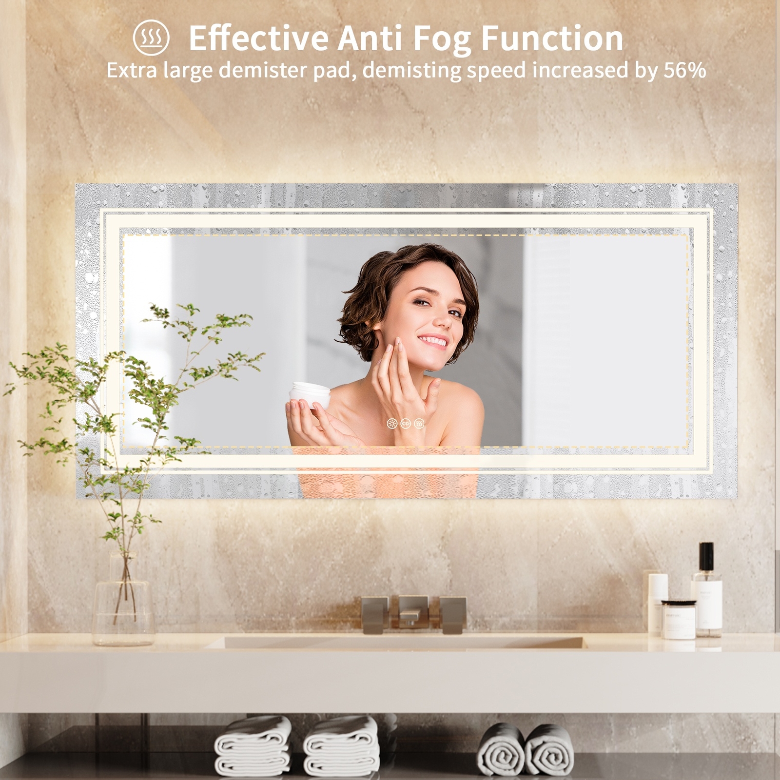 WISFOR Wall Hanging Dimming Vanity Mirror Backlit with 3-Color Lights Demister