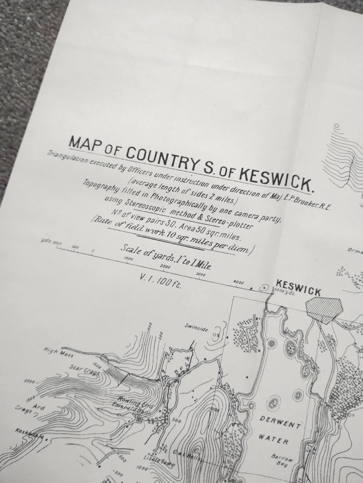 1908 Antique Geological Map Showing Country South of Keswick, Lake District