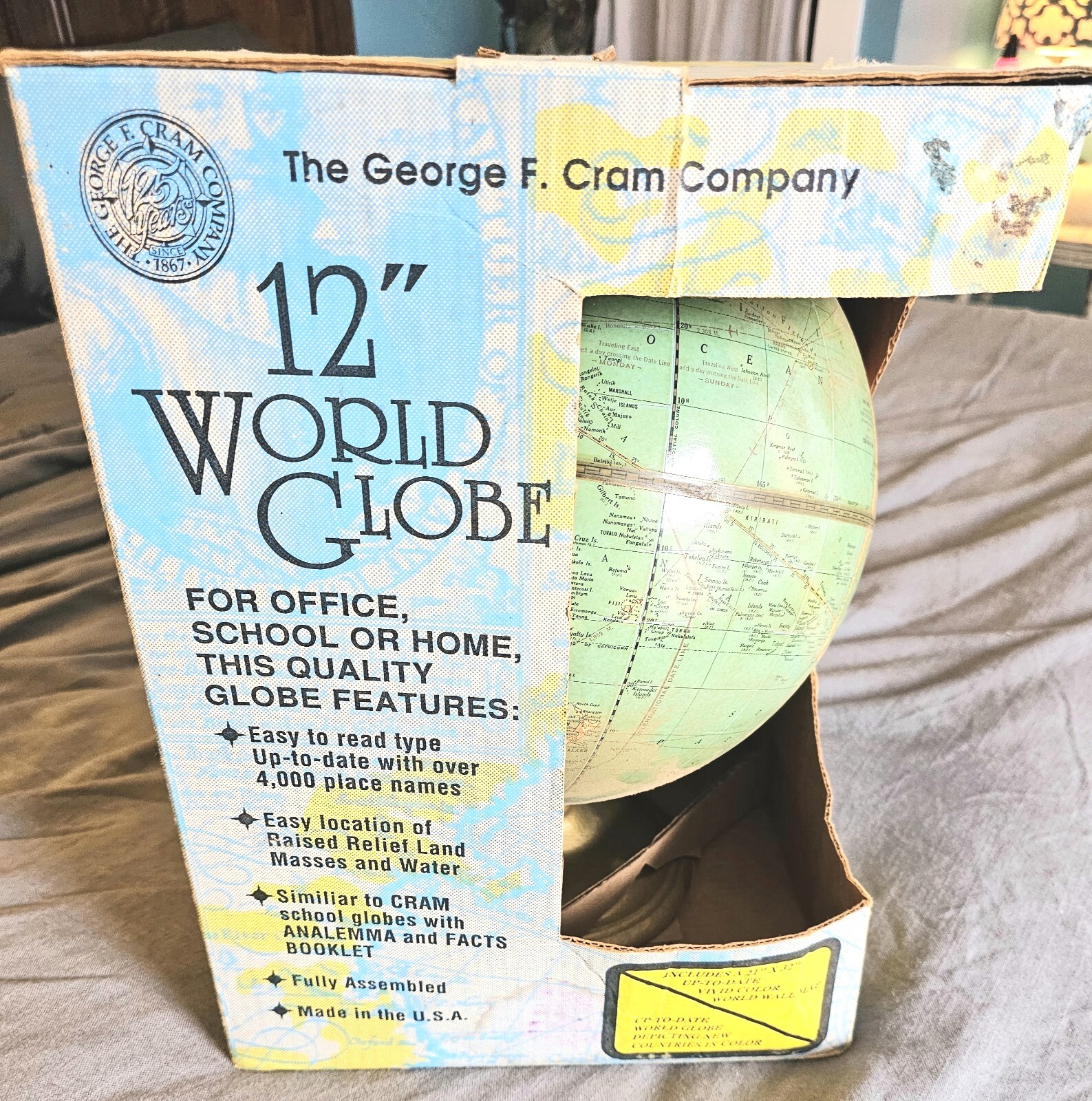 Vintage 12″ World Globe George F Cram Company New In Box USA