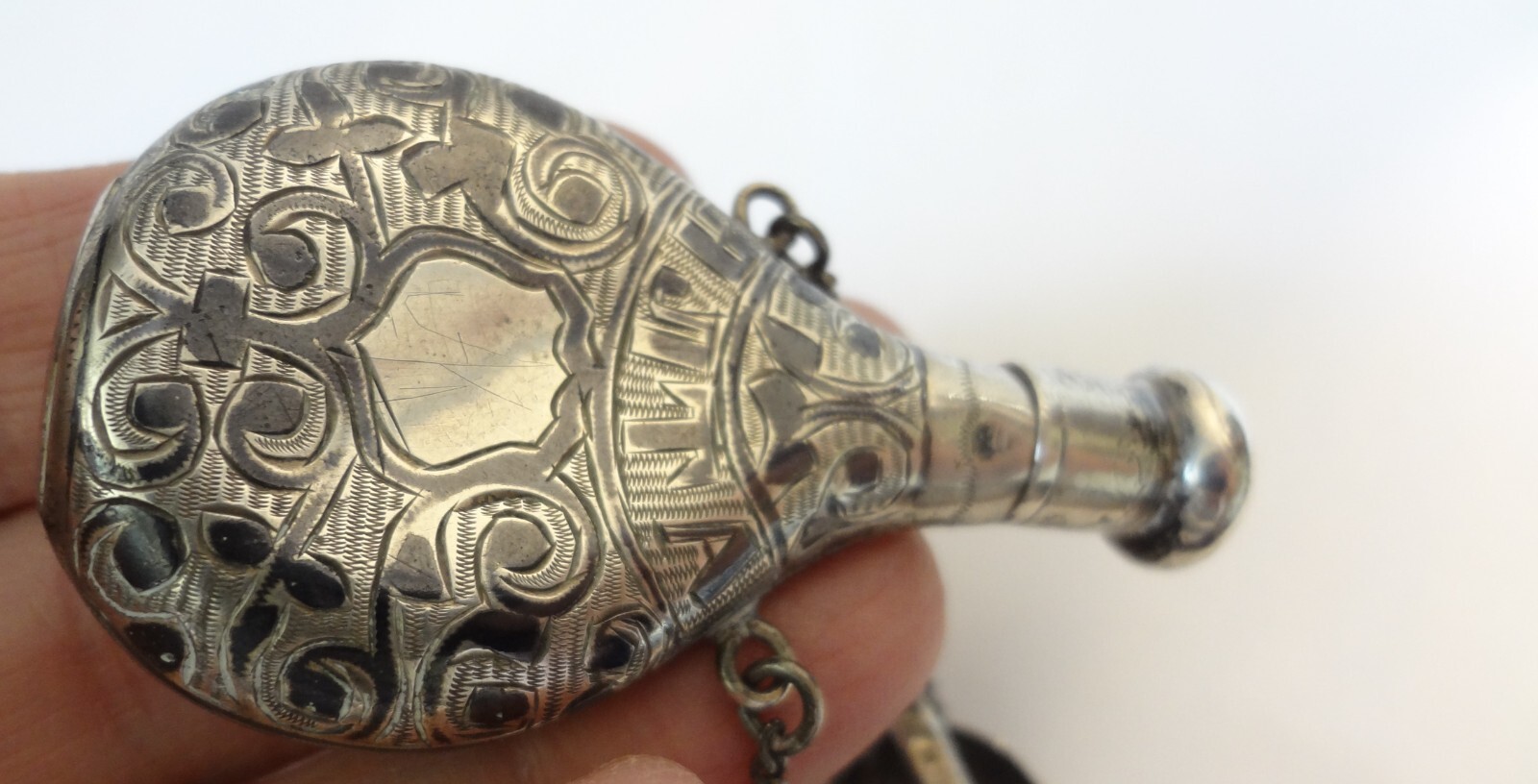Antique Russian Sterling Silver Niello Chatelaine Perfume Scent Flask Bottle